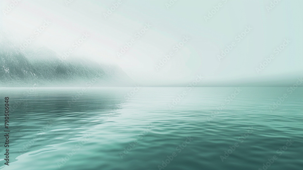 A serene blend of translucent ash gray and muted teal, forming a minimalist background that captures the tranquil essence of a misty lakeside morning