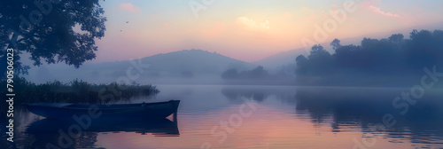 Mystical Dawn: Early Morning Serenity Reflected in Still Waters and Misty Mountains