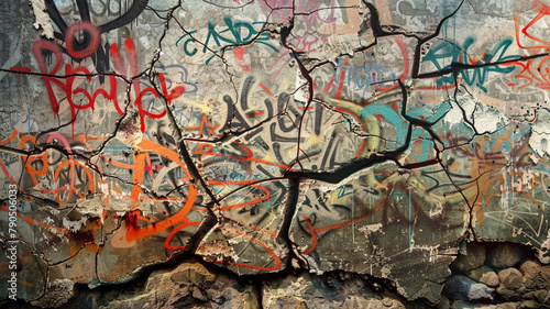 A rugged surface of cracked concrete  transformed into a canvas for expressive graffiti tags  blending textures and colors into an abstract urban tapestry