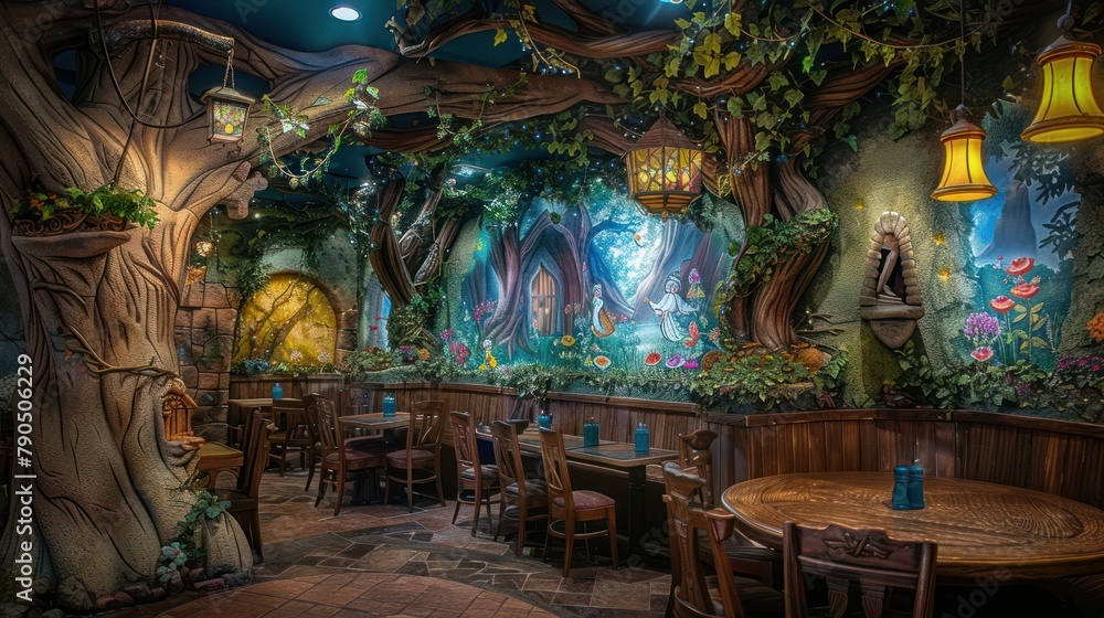Imagine a whimsical fairy tale-themed restaurant interior with enchanted forest murals, whimsical lighting,  