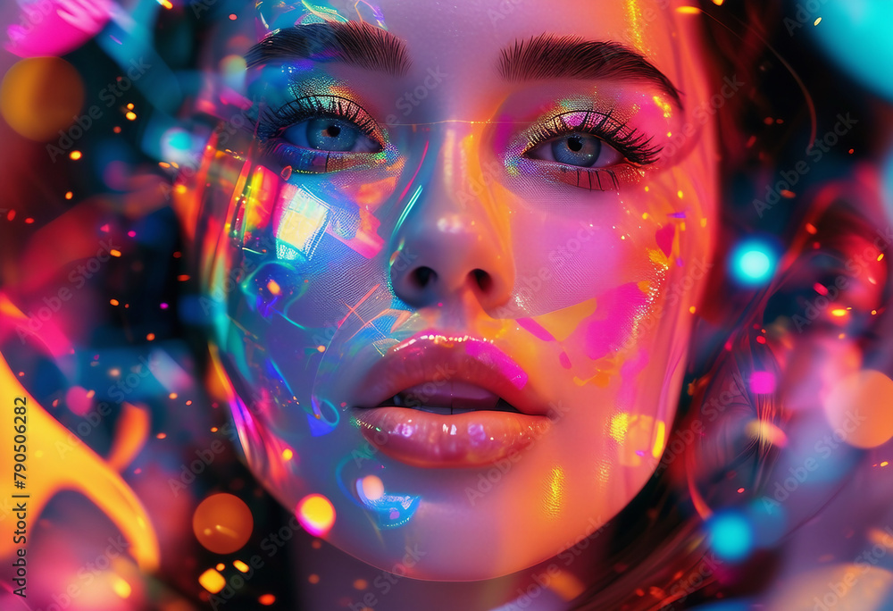 Fashionable illustration image female facial collage many colorful elements trend puzzle Fashionable illustration image female facial collage many colorful elements trend puzzle
