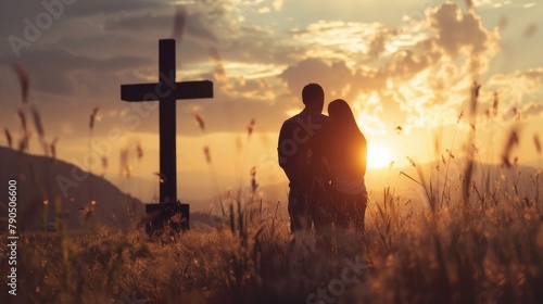 A couple is standing in a field of tall grass at sunset. There is a cross in the background.