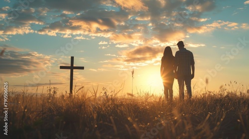 A couple is standing in a field of wheat holding hands with a large cross in the background at sunset.