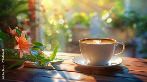A cup of coffee on a table with flowers in the background