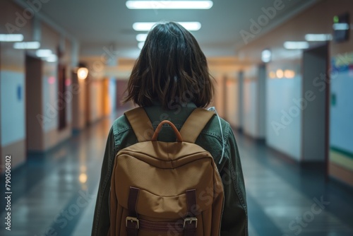 schoolgirl carrying a backpack standing in a school hallway from behind photo