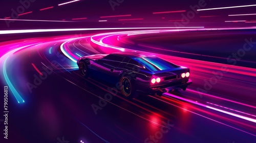 A dark purple sports car drives through a tunnel with neon lights on either side. © Sittipol 