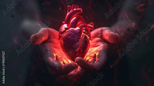 A glowing red heart in the hands of a person photo