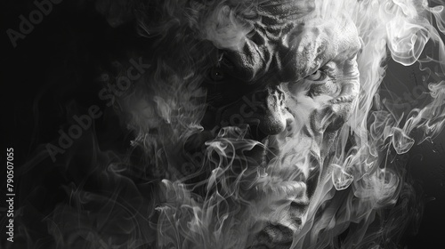 A grayscale image of a skull with smoke coming out of its mouth and eyes.