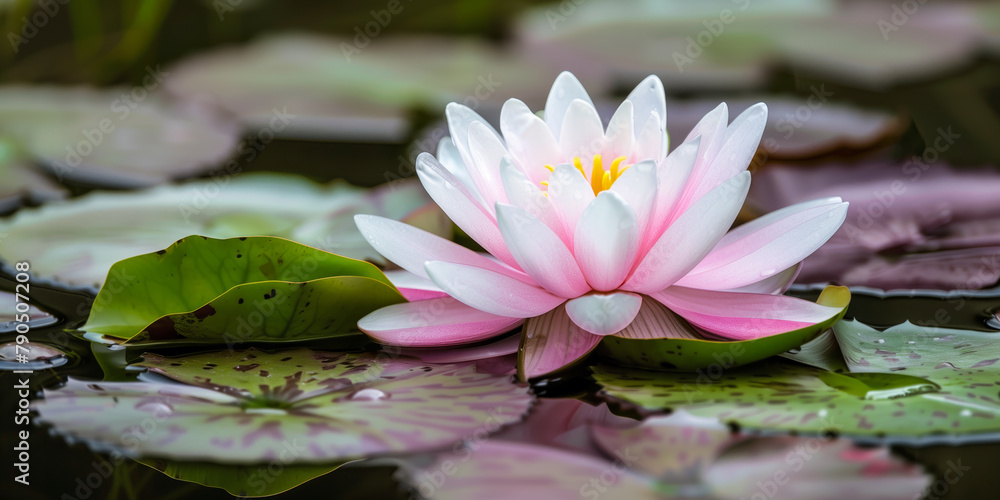 A delicate pink water lily flower with its petals gracefully floating above the tranquil pond A delicate pink water lily flower with its petals gracefully floating above the tranquil pond