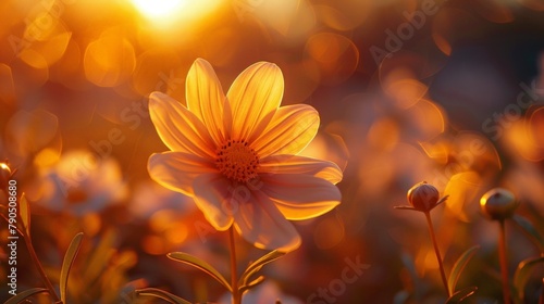 A flower glowing in field as sun sets