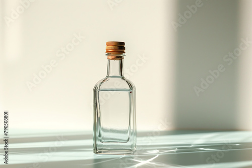 Sunlight casts geometric patterns through a transparent glass bottle with a cork, highlighting its clarity against a simple backdrop