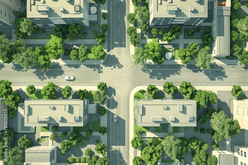 An aerial view captures a structured cityscape with vehicles amidst tree-lined streets and uniformly shaped buildings
