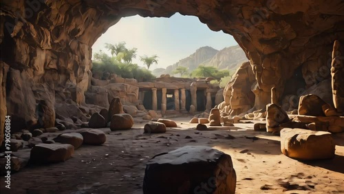 A view from inside a cave opening onto a desert landscape with ancient ruins. There are columns carved in stone that seem to be part of an ancient temple or building