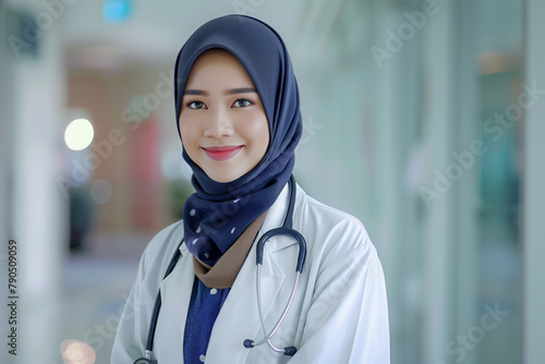 A confident muslim female healthcare professional in a hijab and lab coat stands smiling, embodying compassion and modern medical practice