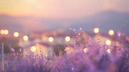 An abstract scene in lavender and cream, with defocused lights resembling the soft glow of twilight enveloping a quiet village. The atmosphere is soothing and picturesque.