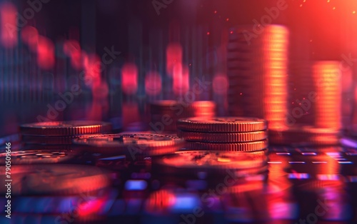 Digital background featuring a candlestick graph with coins  showcasing a new virtual money concept through generative AI on a trading view platform.