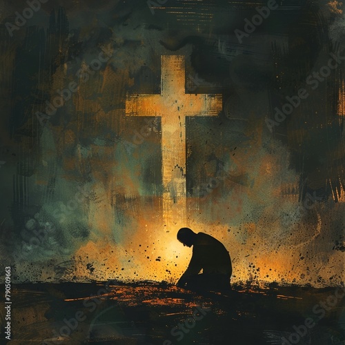 Drawing of a person kneeling in front of a crucifix