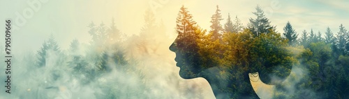 A woman's profile blending with a serene woodland scenery in a unique photo composition. photo