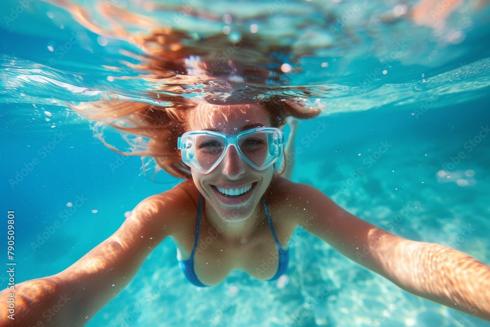 Fototapeta premium Happy girl underwater with goggles, bubbly and bright