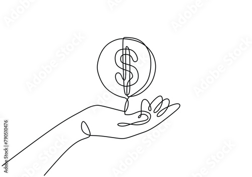 Hand holding coin continuous one line drawing art with dollar symbol.