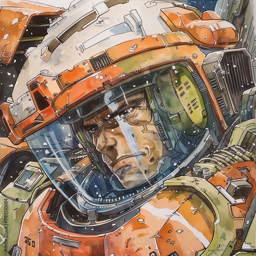 A closeup shot of a battleweary mecha pilot, their determined expression visible through the cockpit glass as they prepare to engage in combat against a formidable foe, their mechas weapons charging w