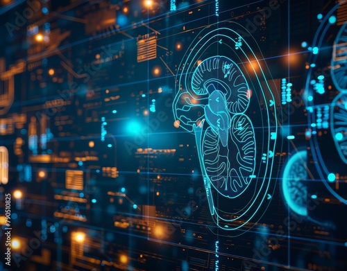 kidney testing results on digital interface on laboratory or surgical background, innovative technology in science and medicine concept. medical technology