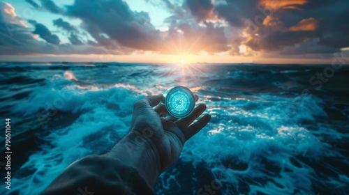A hand holding a compass in front of a stormy sea. photo