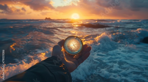 A hand holding a compass in front of a stormy sea at sunset photo