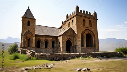  Ancient stone church in a serene landscape photo