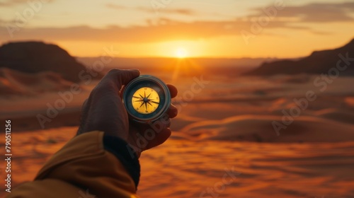 A hand holding a compass in the desert at sunset