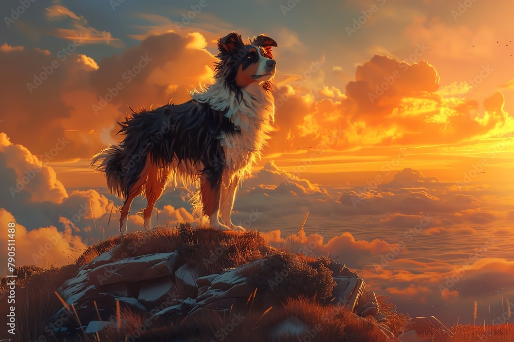 Illustrate a panoramic scene of a loyal Border Collie standing atop a cliff overlooking a vast ocean at sunset, with waves crashing below Emphasize the dogs alert posture and intelligent gaze against - obrazy, fototapety, plakaty 