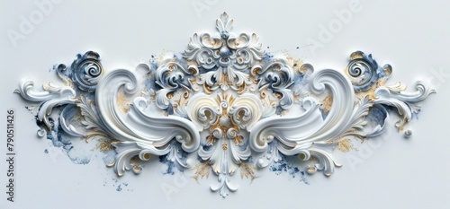 marble carving of intricate dmt visual flourish shapes with ornate blue and gold details, placed spaced out on pure white paper 