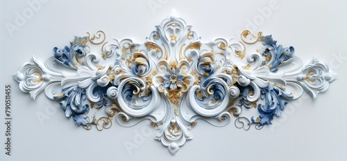 marble carving of intricate dmt visual flourish shapes with ornate blue and gold details, placed spaced out on pure white paper  