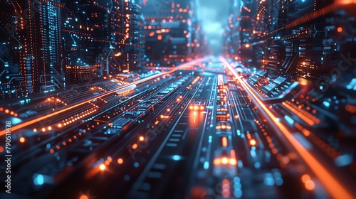 Design an innovative wide-angle view technology background with a top-down perspective, showcasing a grid of interconnected circuitry, pulsating energy streams, and motion-blurred futuristic vehicles