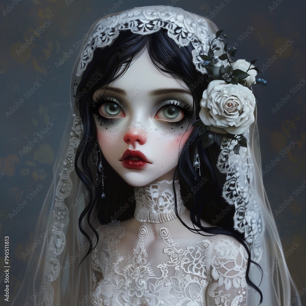 Una ilustración de una chica con maquillaje gótico luciendo un vestido blanco