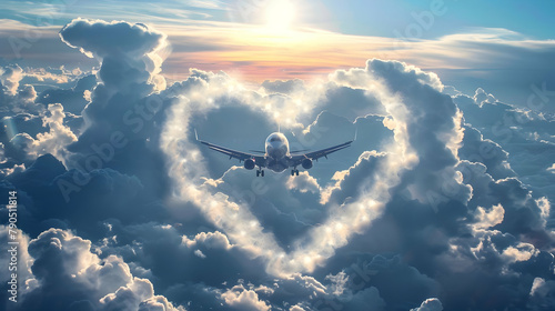 banner International Civil Aviation Day, airplane on the background of a heart-shaped cloud of a shining  sun and blue clear sky with space for text photo