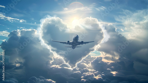 banner International Civil Aviation Day, airplane on the background of a heart-shaped cloud of a shining  sun and blue clear sky with space for text photo