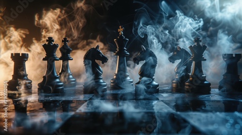 Medieval battle scene with cavalry and infantry on chessboard. Chess board game concept of business ideas and competition and strategy ideas Chess figures on a dark background with smoke and fog 