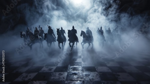 Medieval battle scene with cavalry and infantry on chessboard. Chess board game concept of business ideas and competition and strategy ideas Chess figures on a dark background with smoke and fog 