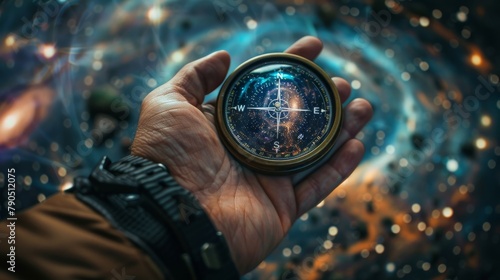 A hand holding a compass with a starry background. photo