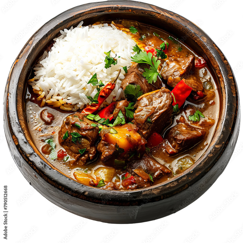 Delicious Ghanaian Beef Stew with Rice Isolated On White Background Delicious Ghanaian Beef Stew with Rice Isolated On White Background