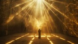 A lone figure stands in a vast, underground chamber. The chamber is bathed in a golden light, which seems to be emanating from the figure. The figure is wearing a long, flowing robe, and its head is b