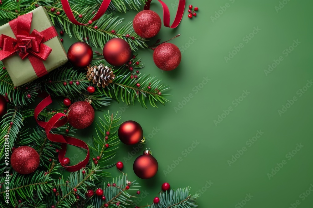 Christmas decorations and gift on green background