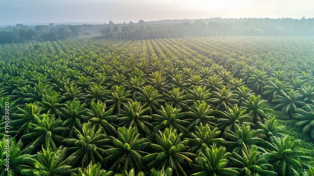 aerial view panorama of a vast oil palm plantation, emphasizing the orderly patterns of the palm trees and the contrast between the lush green of the palm leaves and the surrounding terrain. aerial view panorama of a vast oil palm plantation, emphasizing the orderly patterns of the palm trees and the contrast between the lush green of the palm leaves and the surrounding terrain.