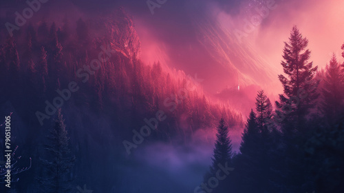 A dark forest with pink clouds and a bright white moon