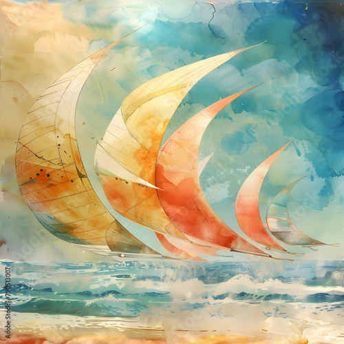 large variety of sail being flown over beach area at ocean, watercolor style, watercolour, watercolor paint Ai generative 