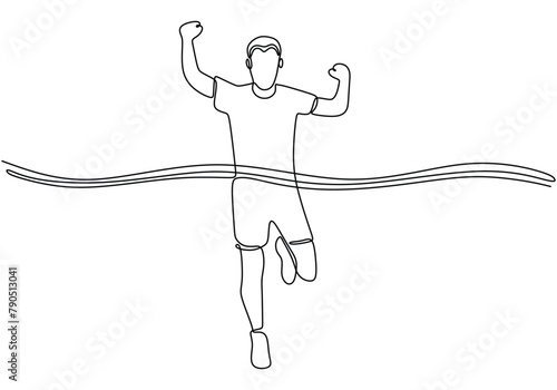 One Single line drawing runner running pass finish line at run race