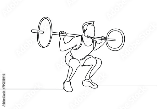 Single continuous line drawing of young strong weightlifter