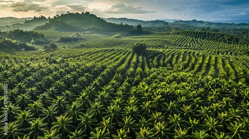 aerial view panorama of a vast oil palm plantation, emphasizing the orderly patterns of the palm trees and the contrast between the lush green of the palm leaves and the surrounding terrain. 