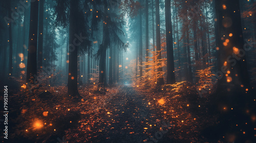 A long path through a dark forest with orange glowing mushrooms